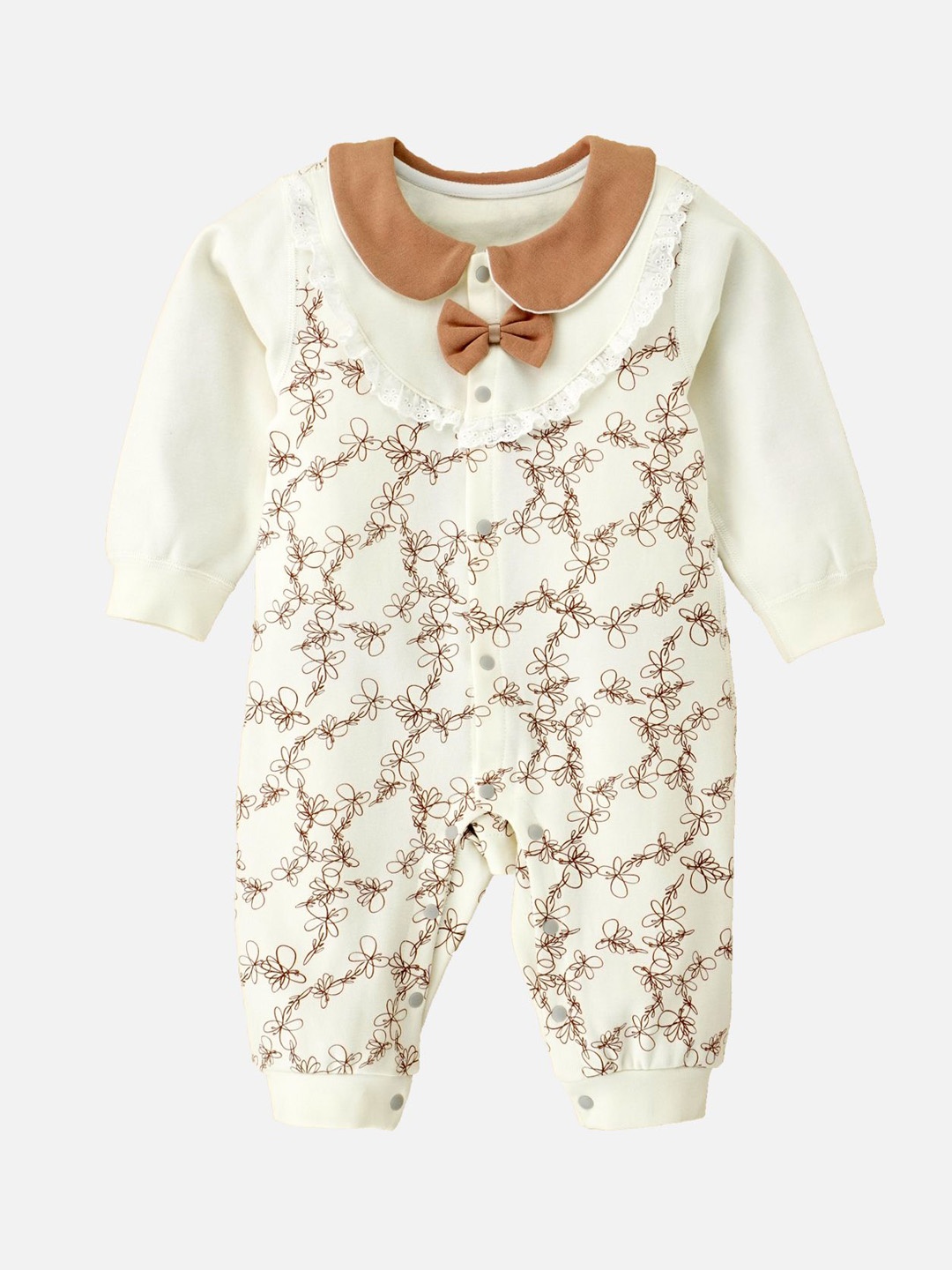 

Little Surprise Box LLP Kids Brown Doodle Butterfly Full Sleeves Jumpsuit Style Romper, Cream