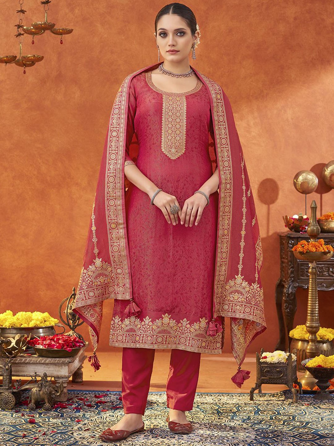 

KALINI Women Regular Kurta with Trousers & With Dupatta, Pink