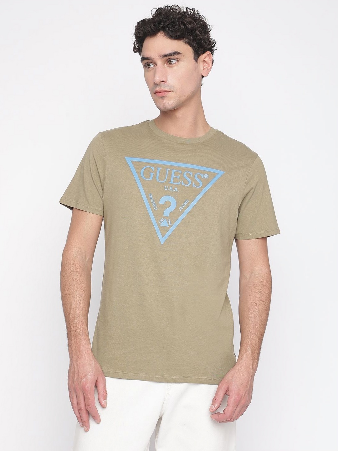 

GUESS Men Typography Printed Round Neck Cotton T-shirt, Beige