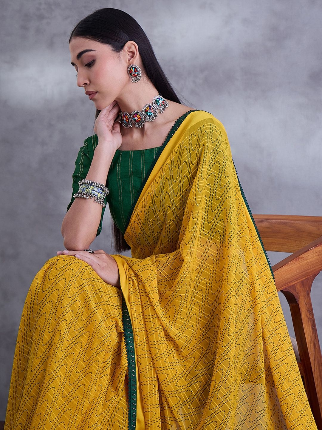 

Mitera Beads and Stones Pure Georgette Saree, Yellow