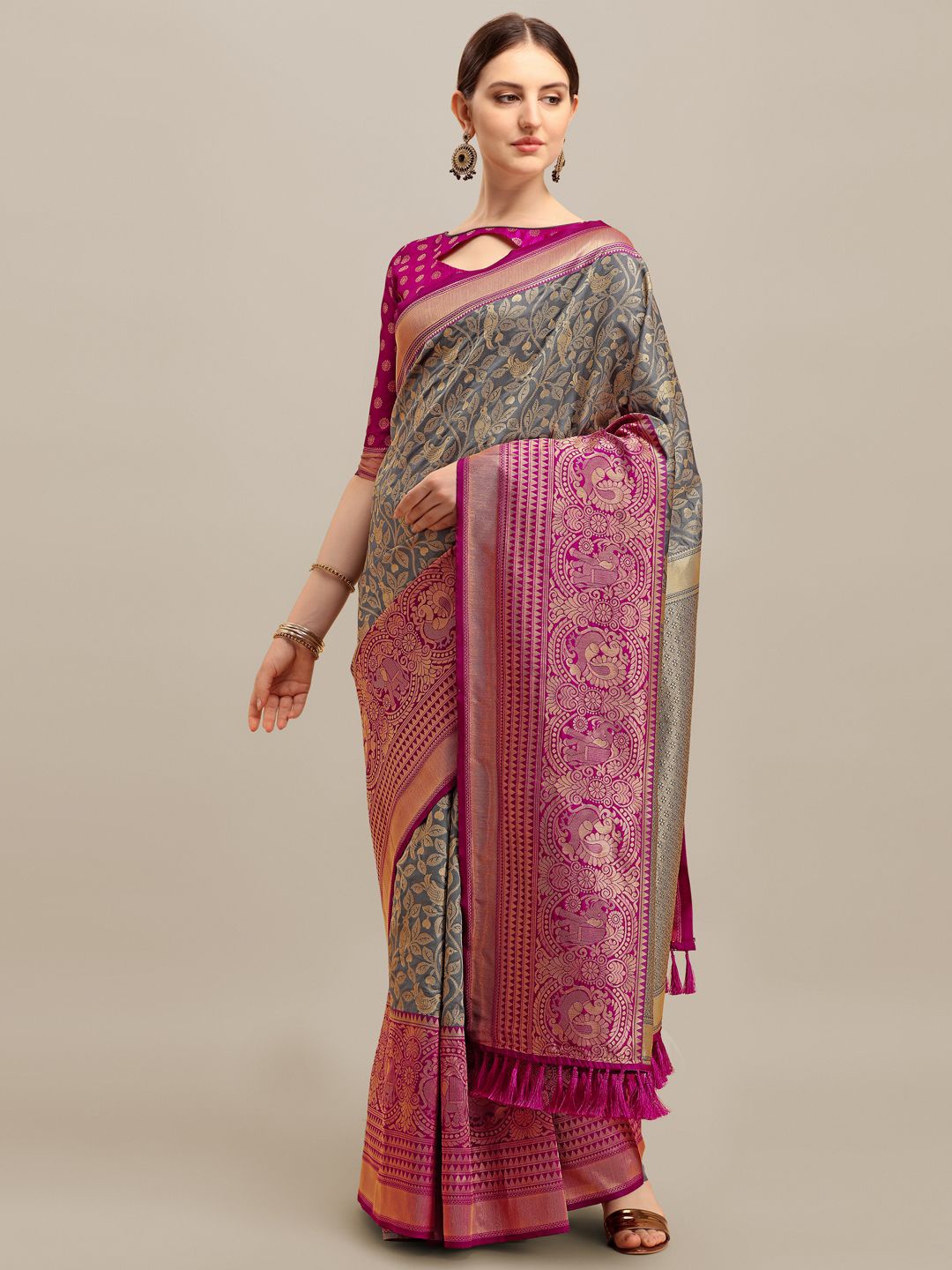 

DIVASTRI Floral Zari Art Silk Banarasi Saree, Grey