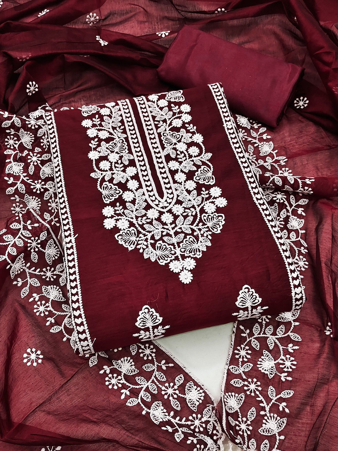

Rangtulika Floral Embroidered Chanderi Cotton Unstitched Dress Material, Maroon