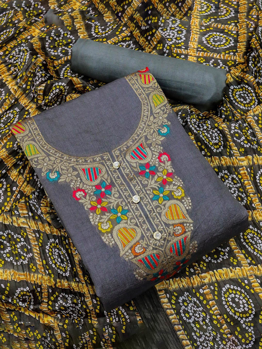 

Rangtulika Floral Embroidered Unstitched Dress Material, Grey