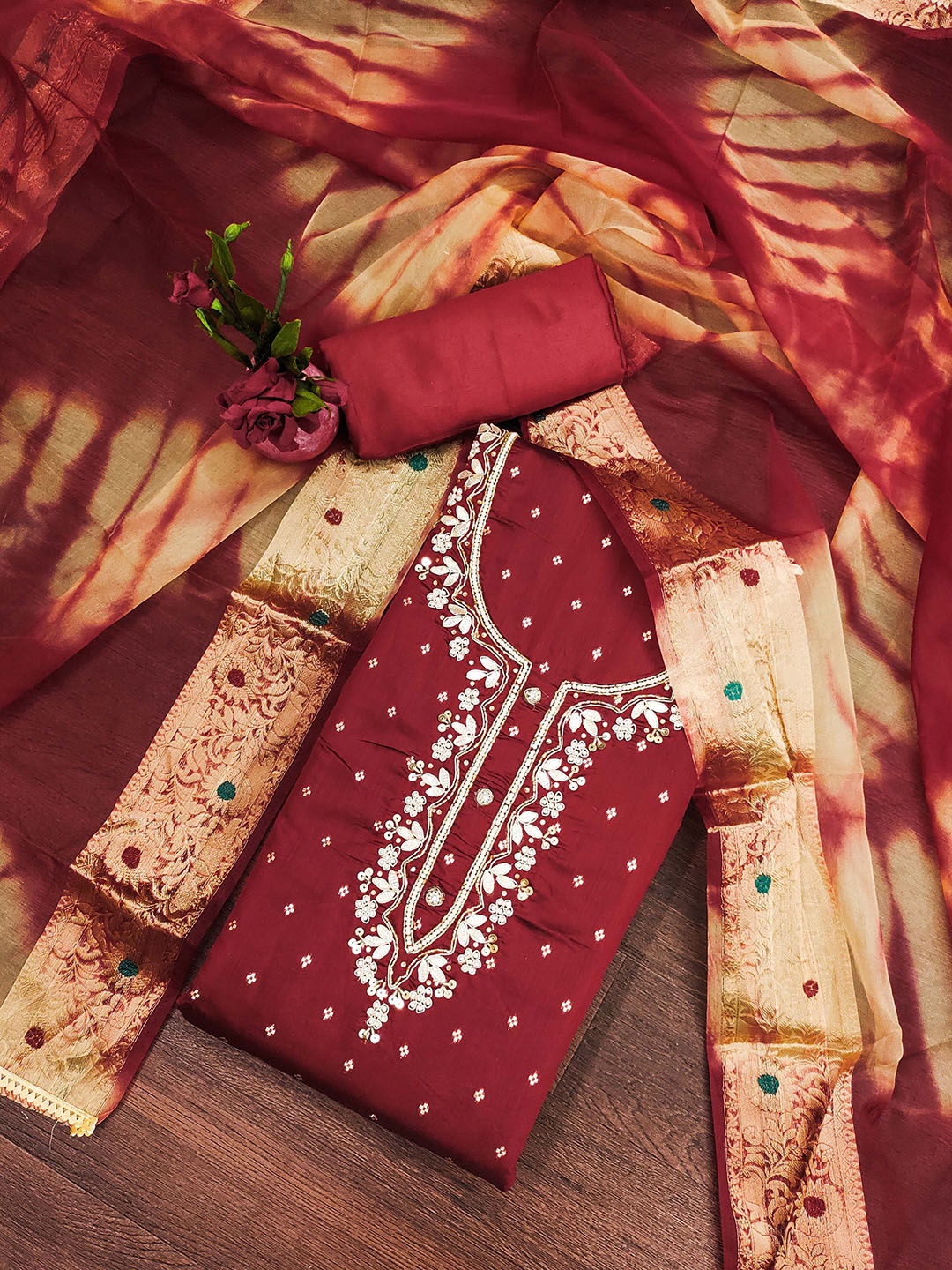 

SAINOOR Floral Embroidered Sequinned Unstitched Dress Material, Maroon