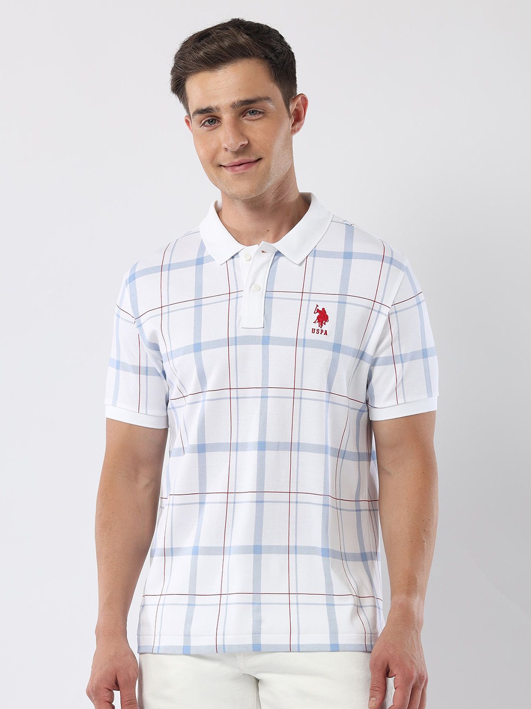 

U.S. Polo Assn. Men Checked Polo Collar Cotton Slim Fit T-shirt, White