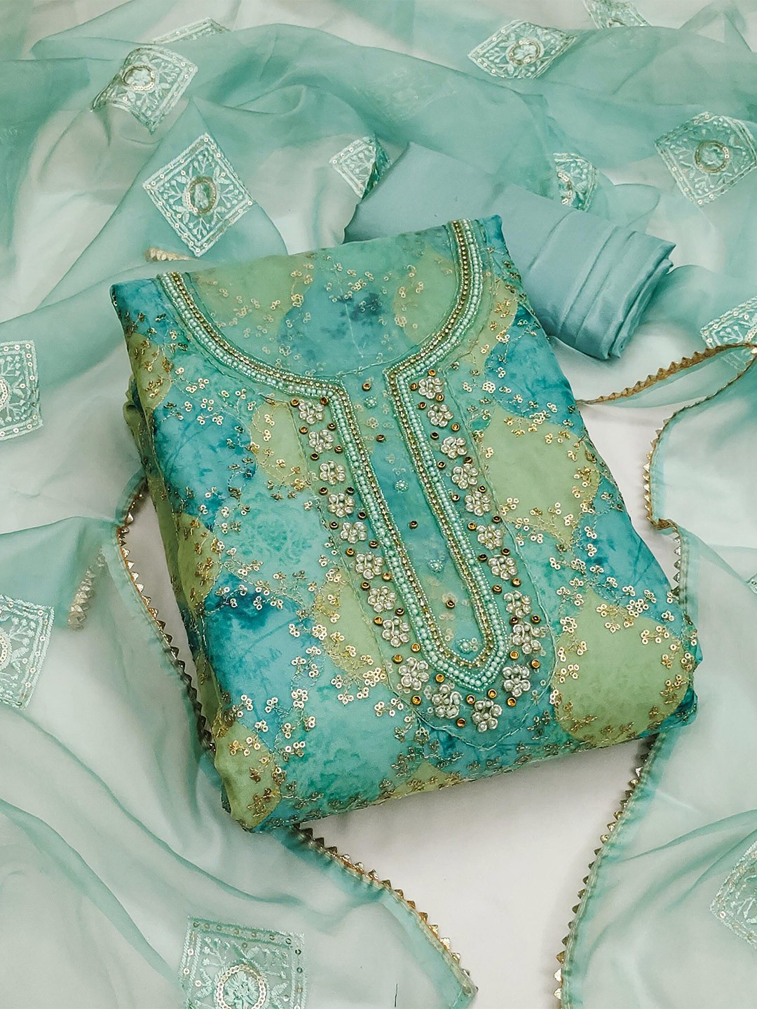 

SAINOOR Embroidered Organza Semi-Stitched Dress Material, Green