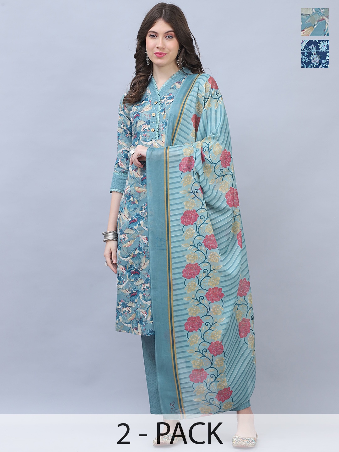 

Rajnandini Selection Of 2 Floral Printed V-Neck Straight Kurta With Trouser & Dupatta, Turquoise blue