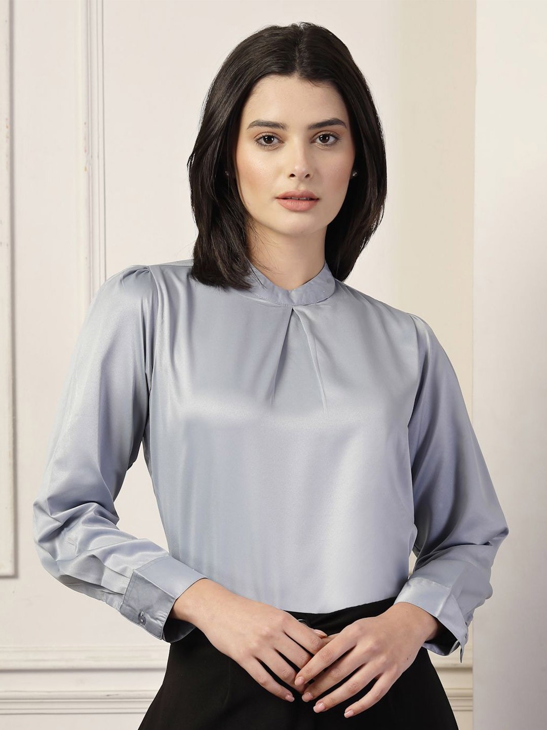 

Style Quotient Mandarin Collar Satin Top, Grey