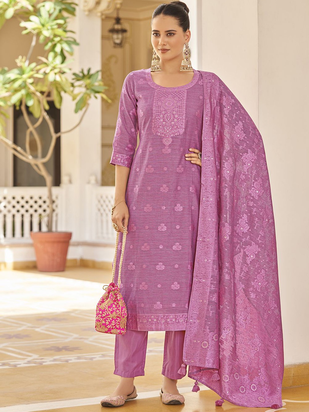 

KALINI Women Floral Regular Kurta with Trousers & With Dupatta, Pink