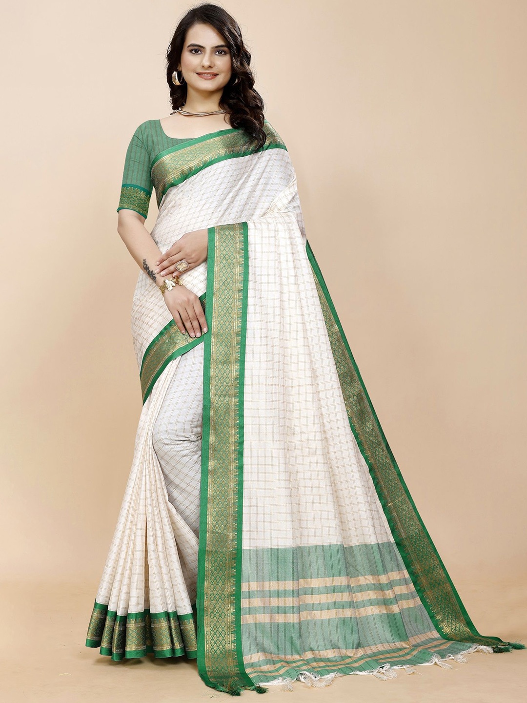 

Fashion FRICKS Ethnic Motifs Zari Silk Cotton Saree, Green