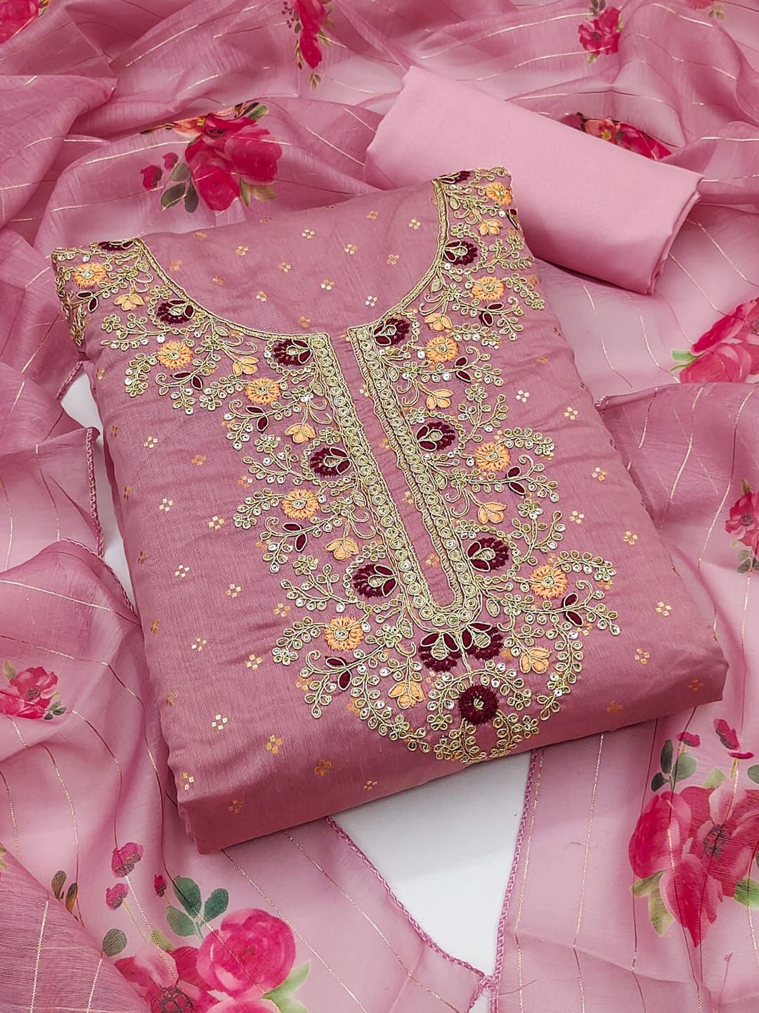 

BlissFlair Floral Woven Design Thread Work Chanderi Cotton Unstitched Dress Material, Pink