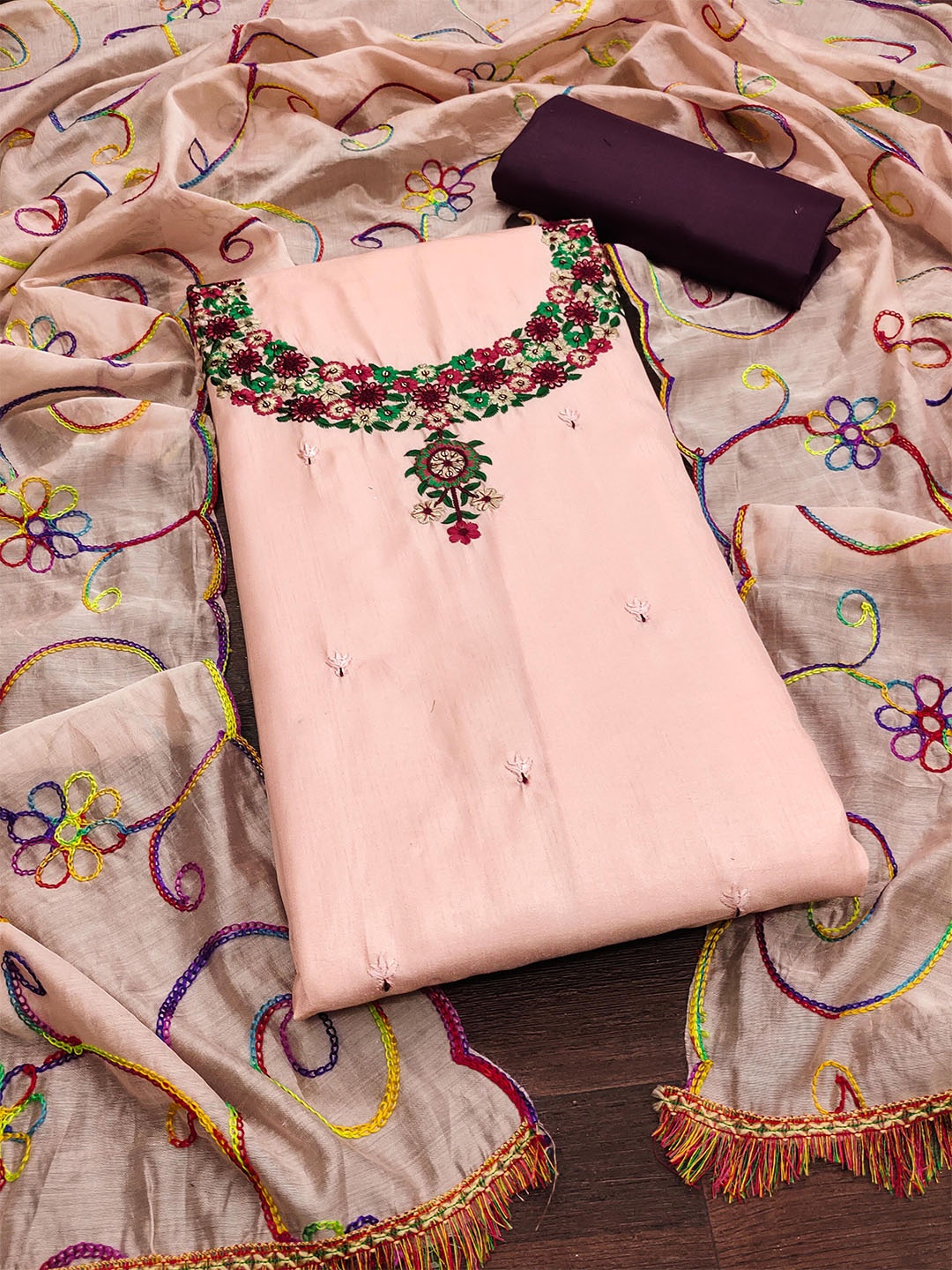 

SAINOOR Embroidered Pure Silk Unstitched Dress Material, Pink