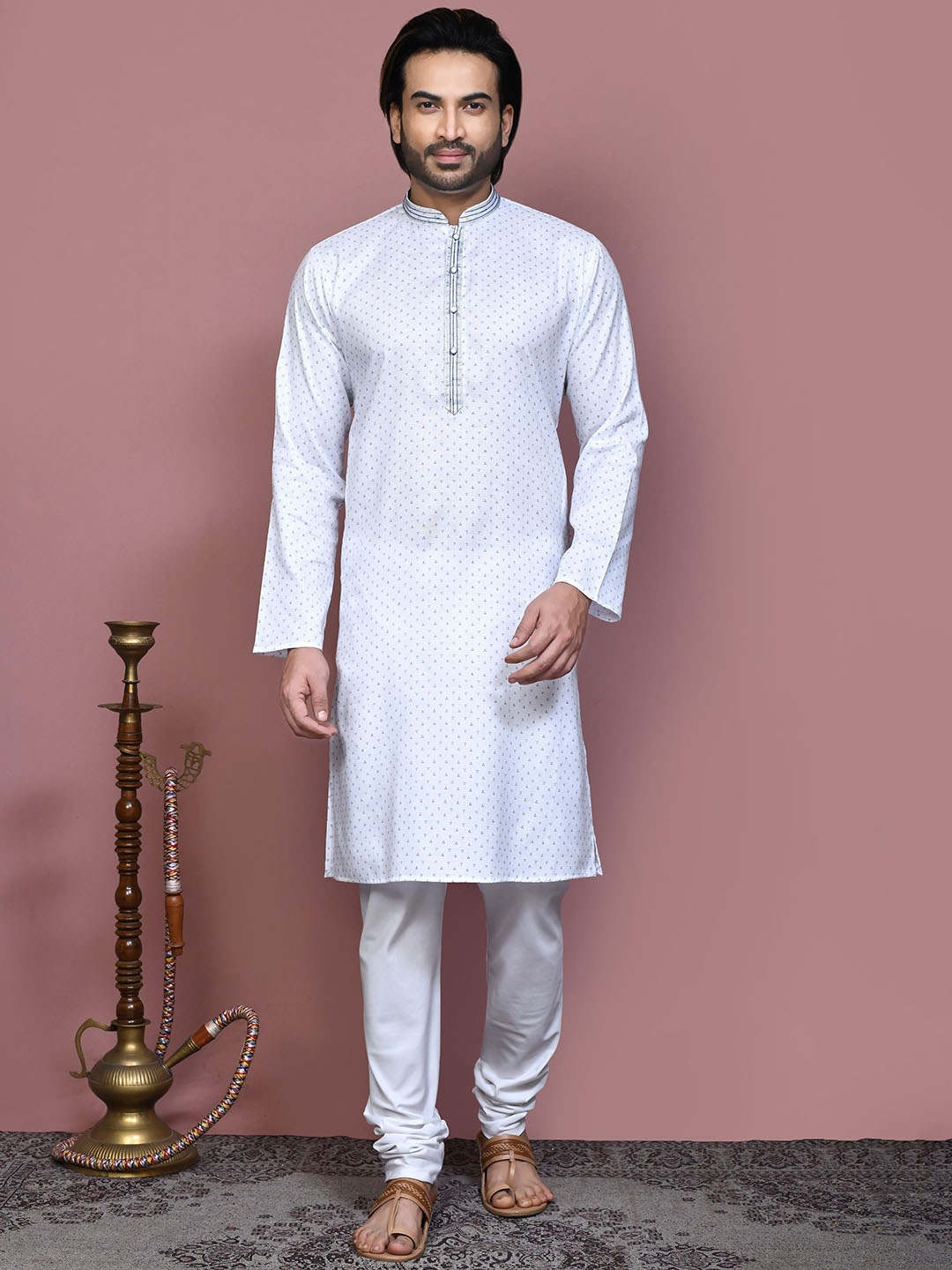 

RANAK Men Embroidered Regular Pure Cotton Kurta with Pyjamas, White