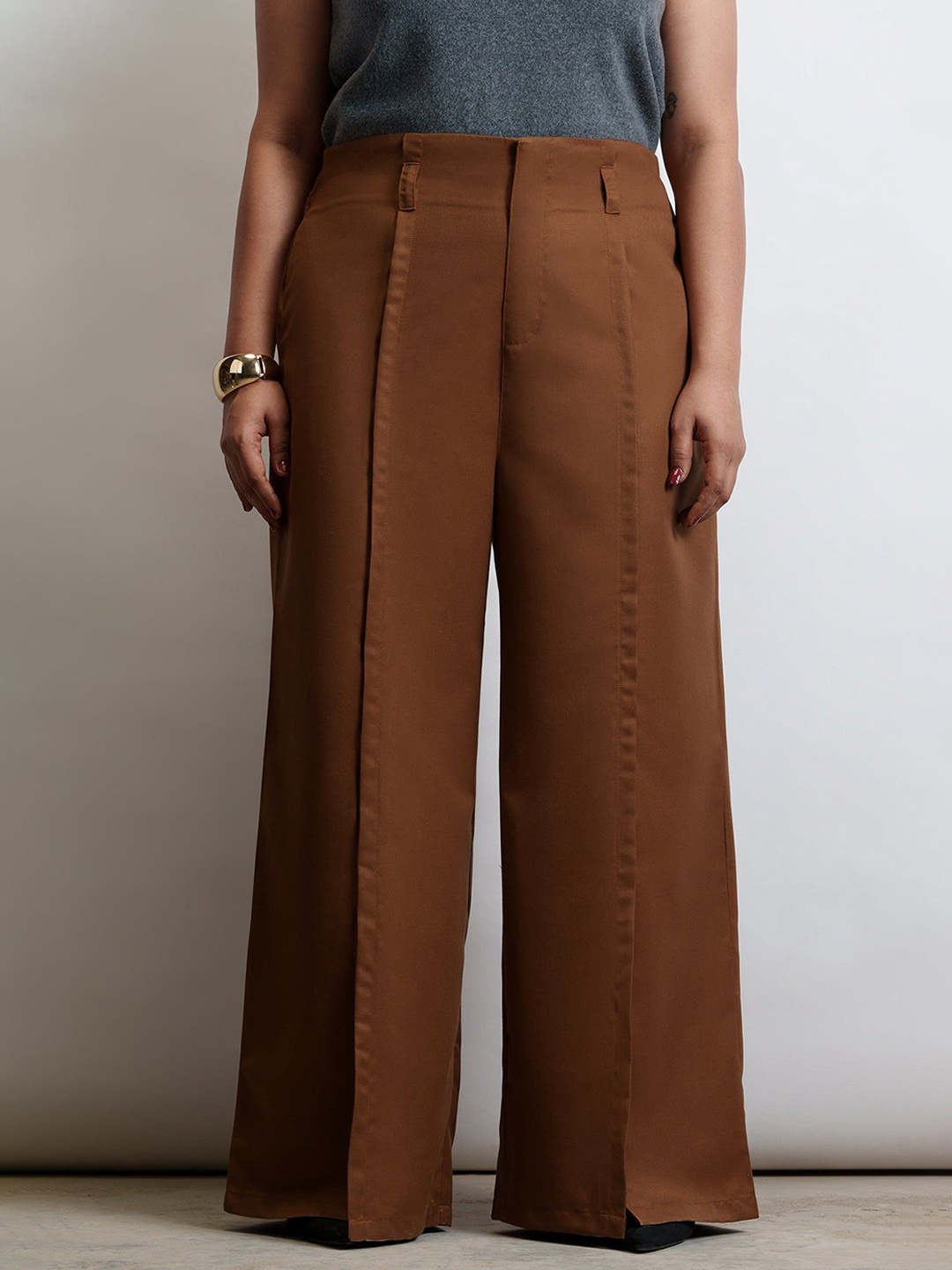 

FREAKINS Women Plus Size Maplewood Curve Flared Korean Pants, Brown