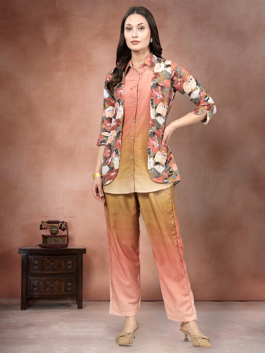 

Moda Rapido Ombre Design Printed Shirt with Trousers Co-Ords, Peach