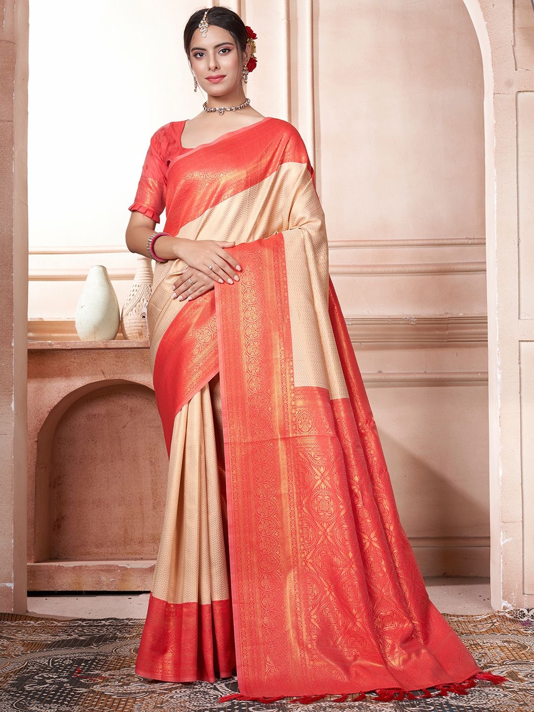 

DIVASTRI Woven Design Zari Silk Blend Kanjeevaram Saree, Cream