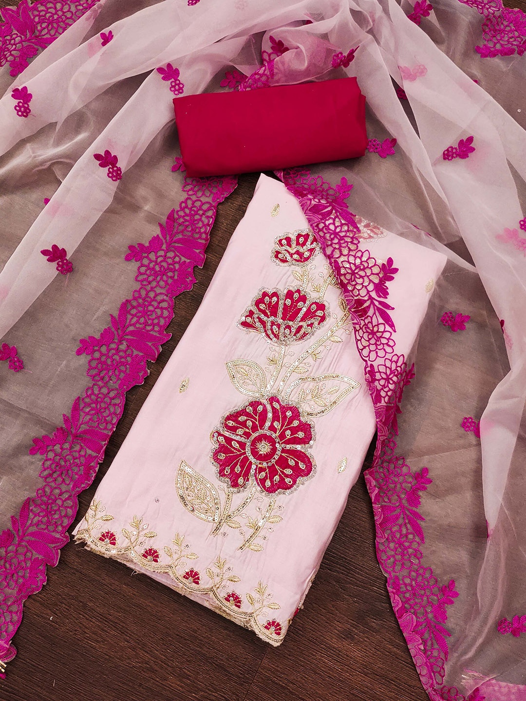 

SAINOOR Embroidered Pure Silk Semi-Stitched Dress Material, Pink