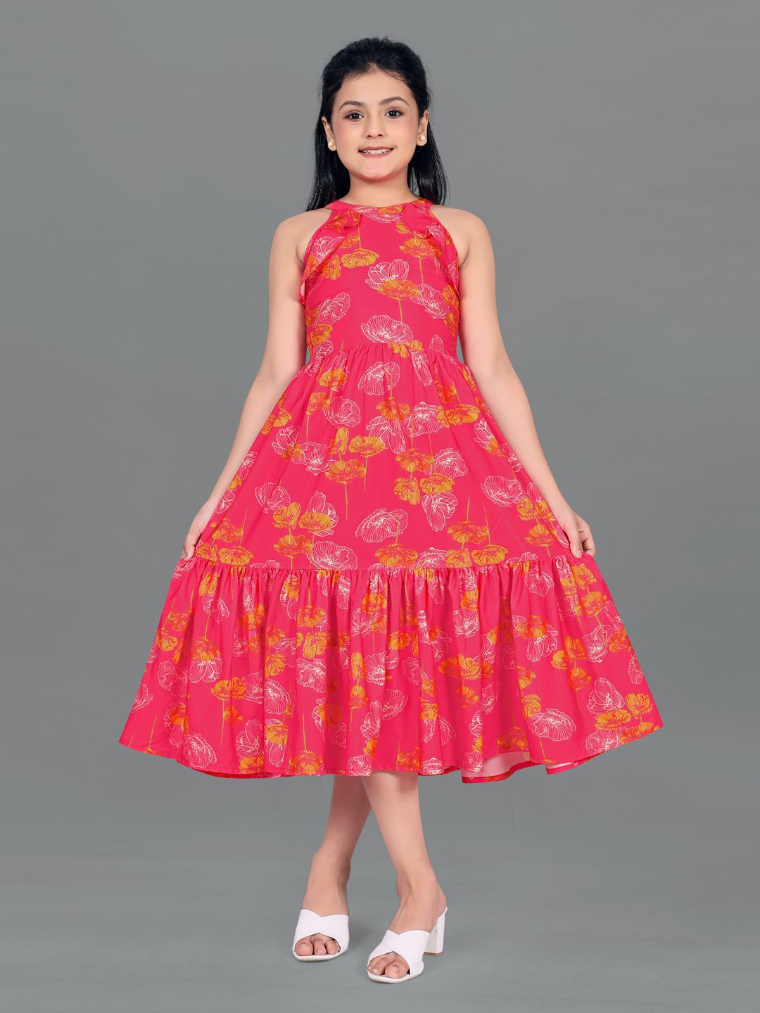 

YK Floral Print Ruffled Crepe A-Line Midi Dress, Pink