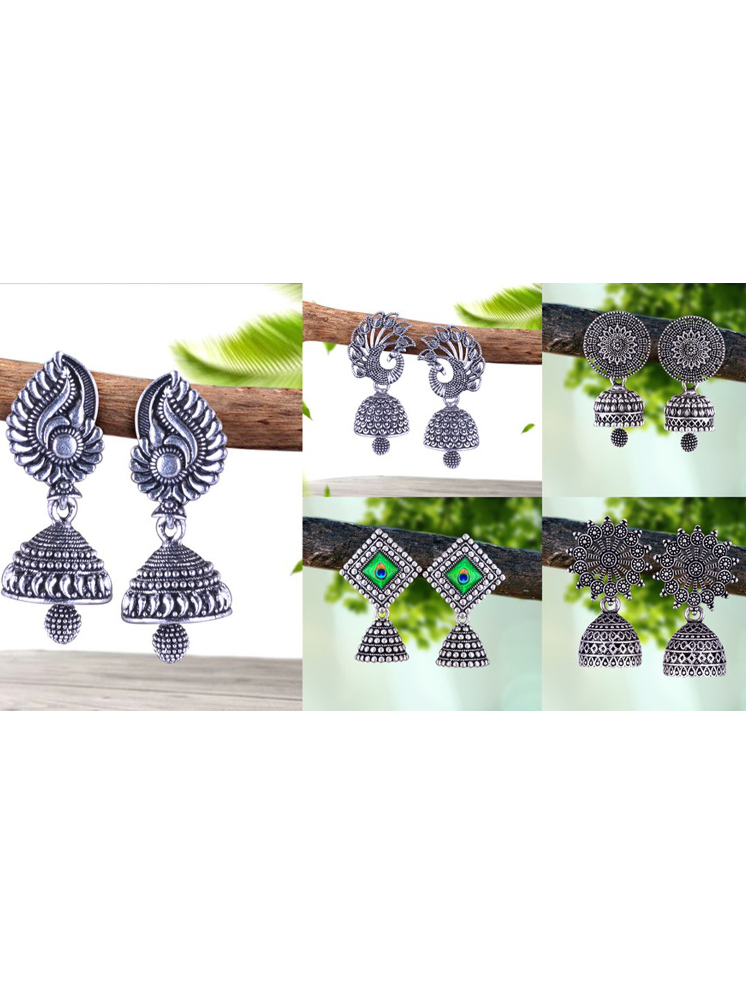 

DIVASTRI Set Of 5 Silver-Plated Dome Shaped Jhumkas Oxidized Earrings
