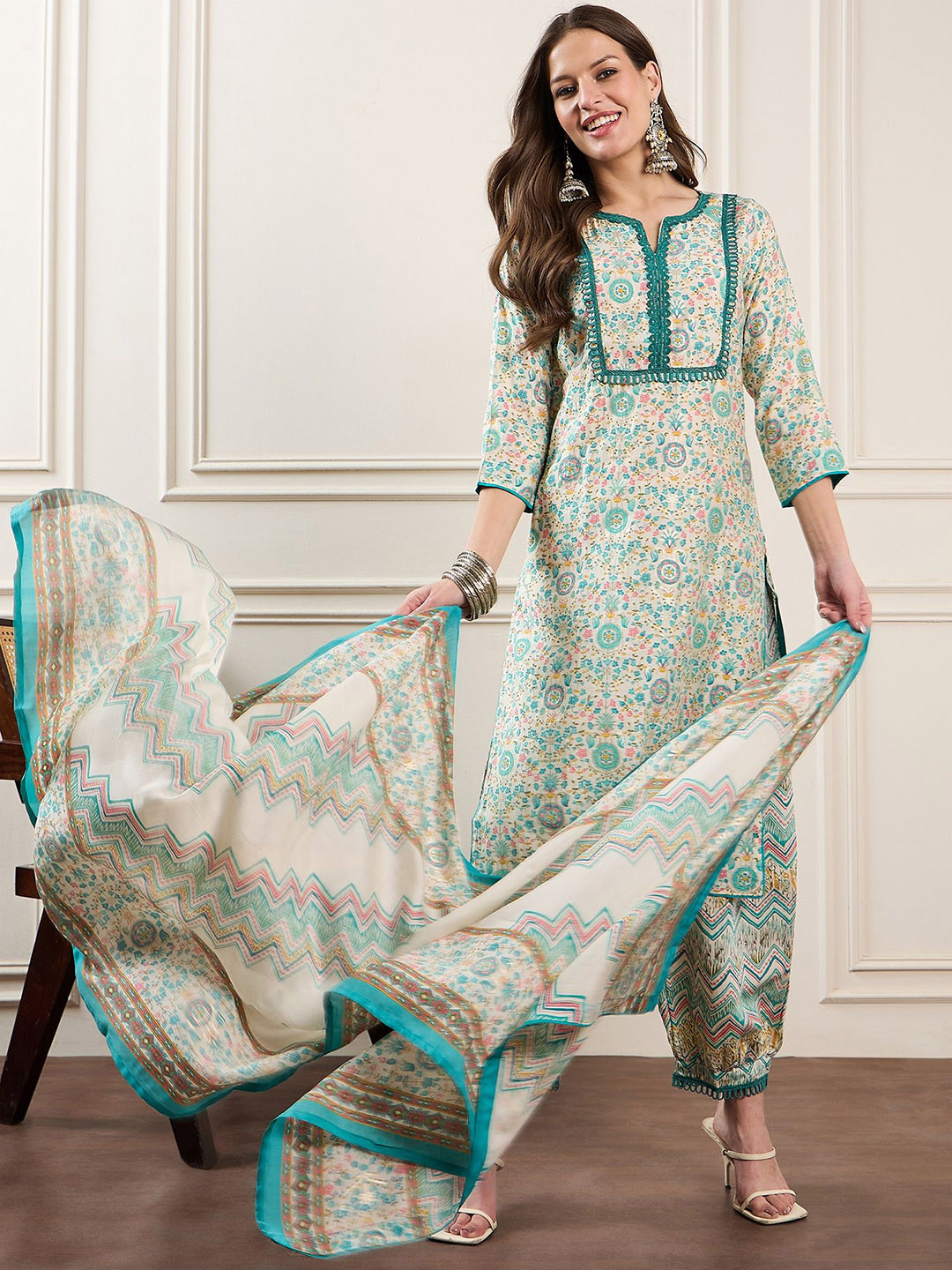 

House of Pataudi Floral Printed Straight Kurta With Trouser And Dupatta, Teal