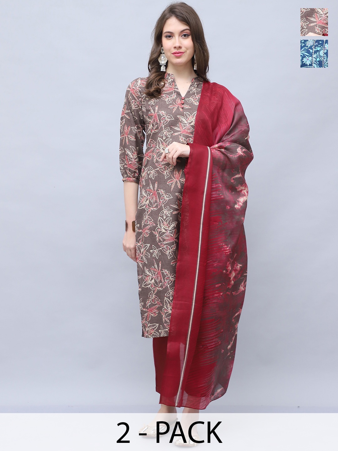 

KALINI Women Floral Printed Regular Kurta with Trousers & With Dupatta, Brown