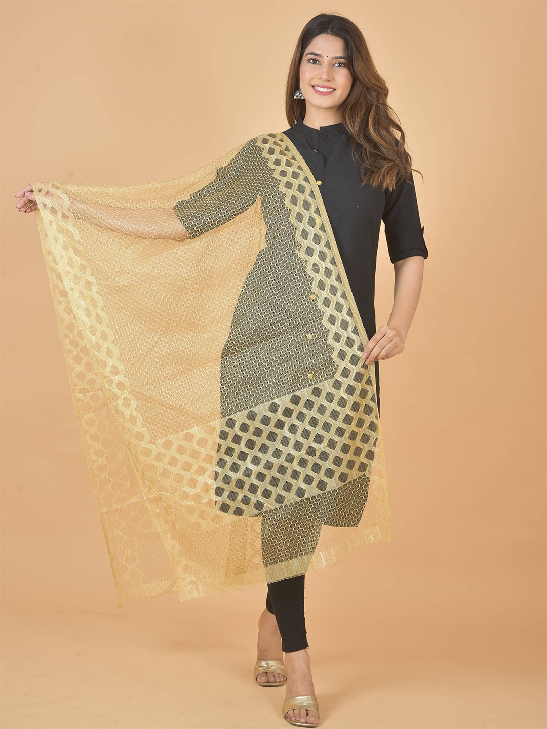 

LA FEMINAE Geometric Woven Design Dupatta, Beige