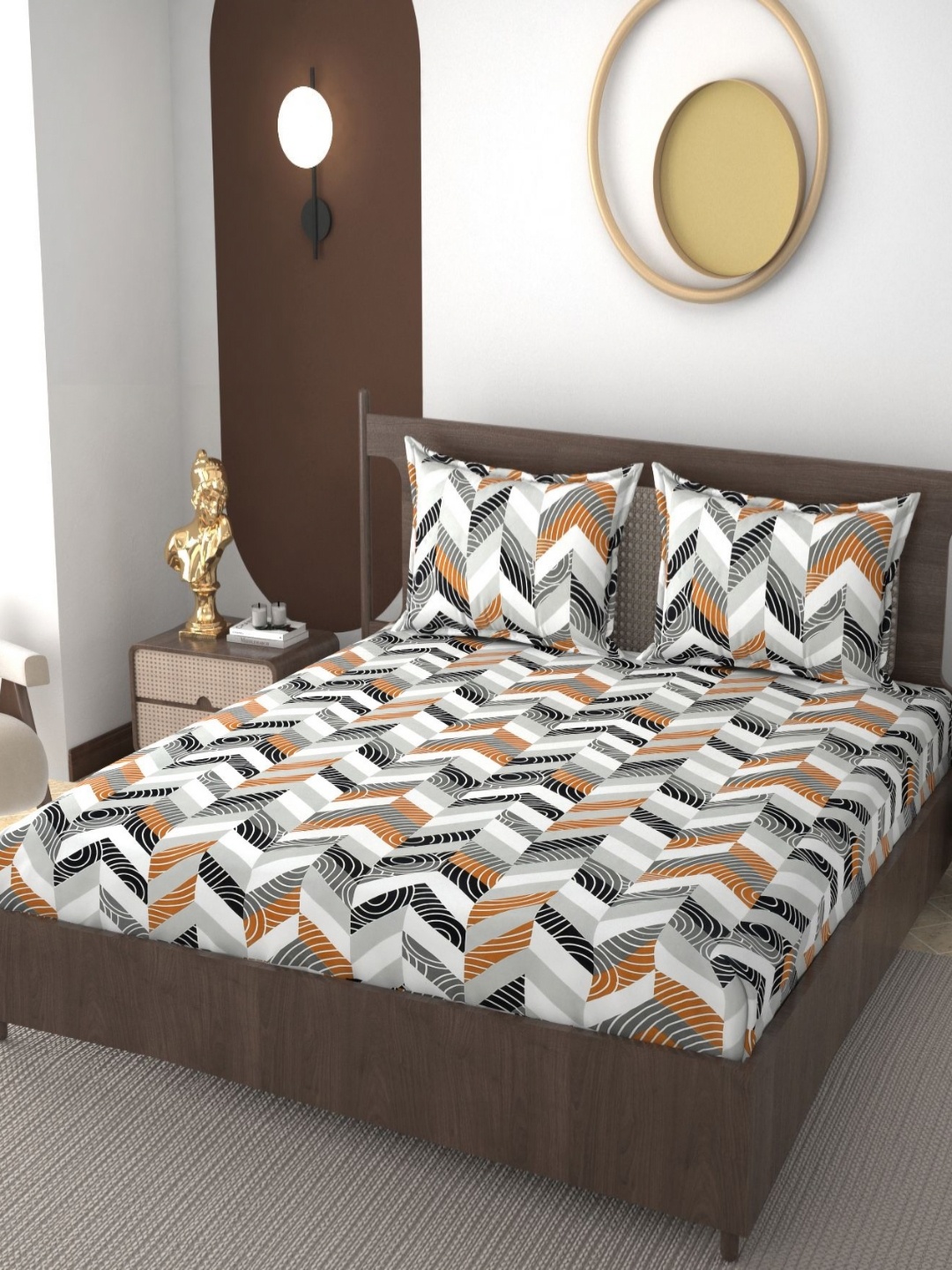 

VOMZER Grey & White Chevron Printed Cotton 210 TC Queen Bedsheet Set 1.82 m x 1.82 m