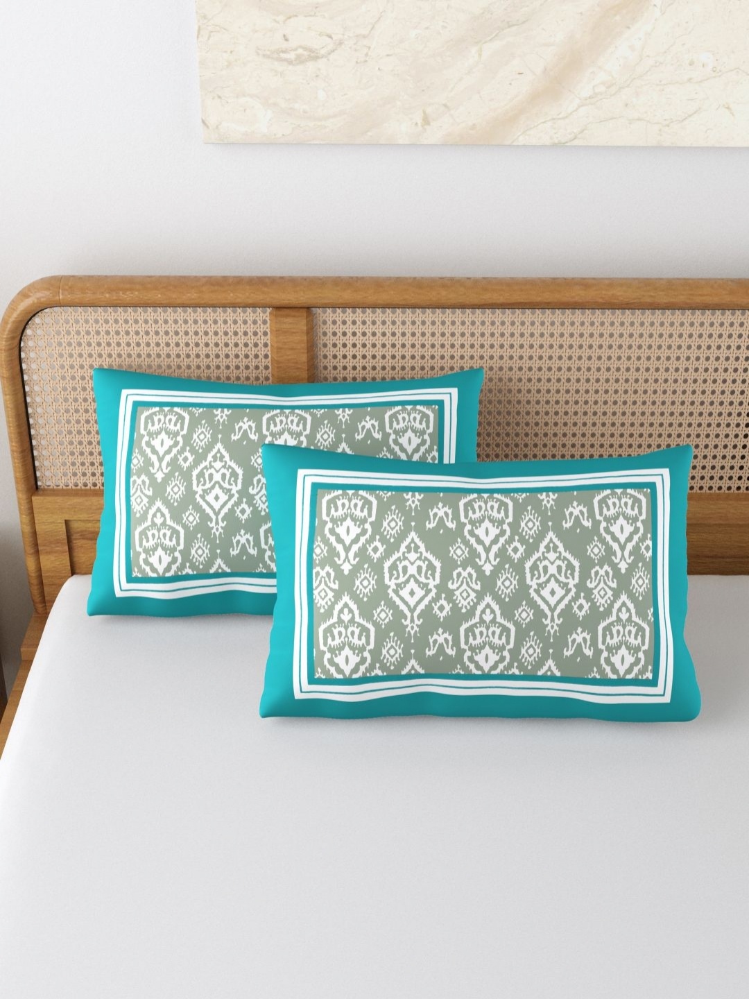 

BLOCKS OF INDIA Blue & White 2 Pieces Printed Pure Cotton Rectangle Pillow Covers, Green