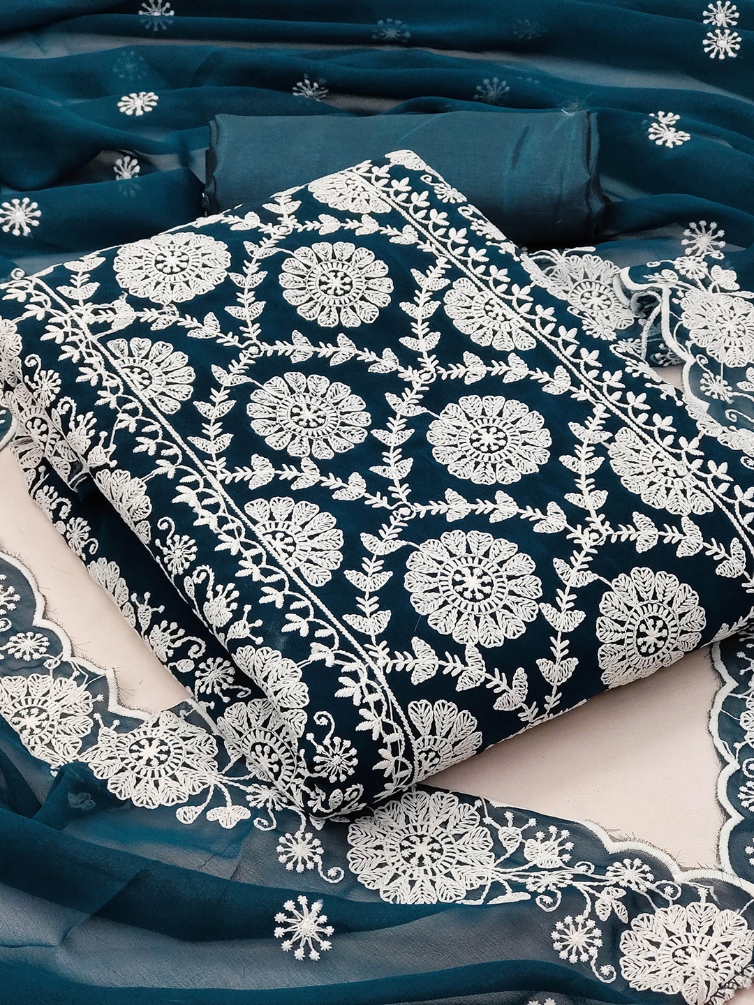 

SAINOOR Floral Embroidered Semi-Stitched Dress Material, Teal