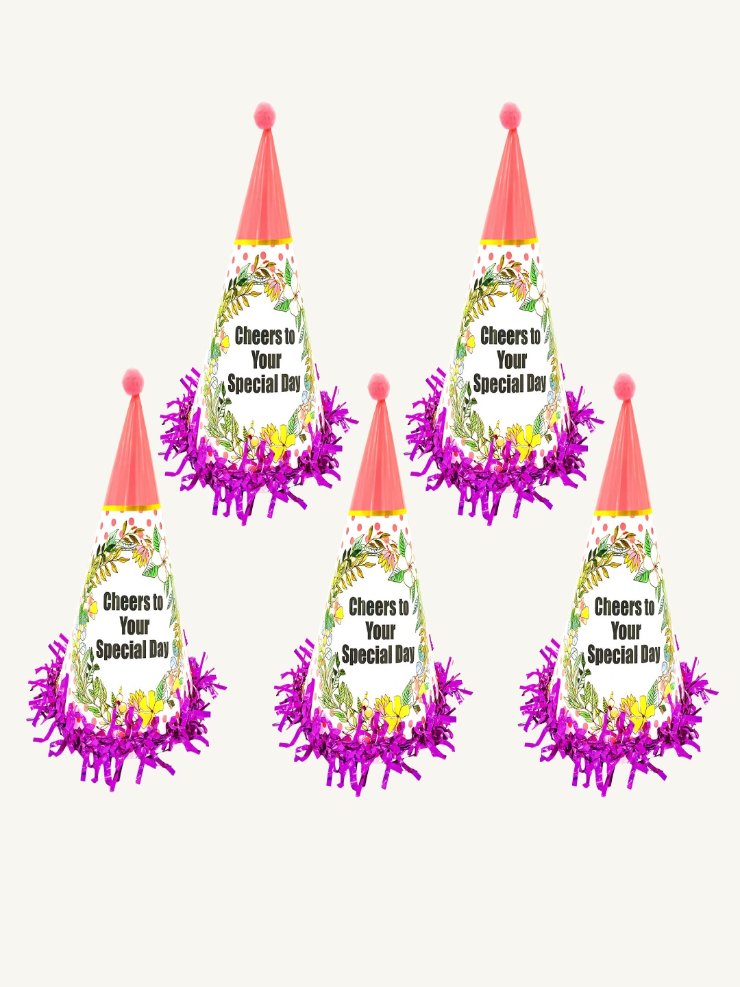 

Special You 5-Pcs Of Pink & White Printed Birthday Caps Festive Decor