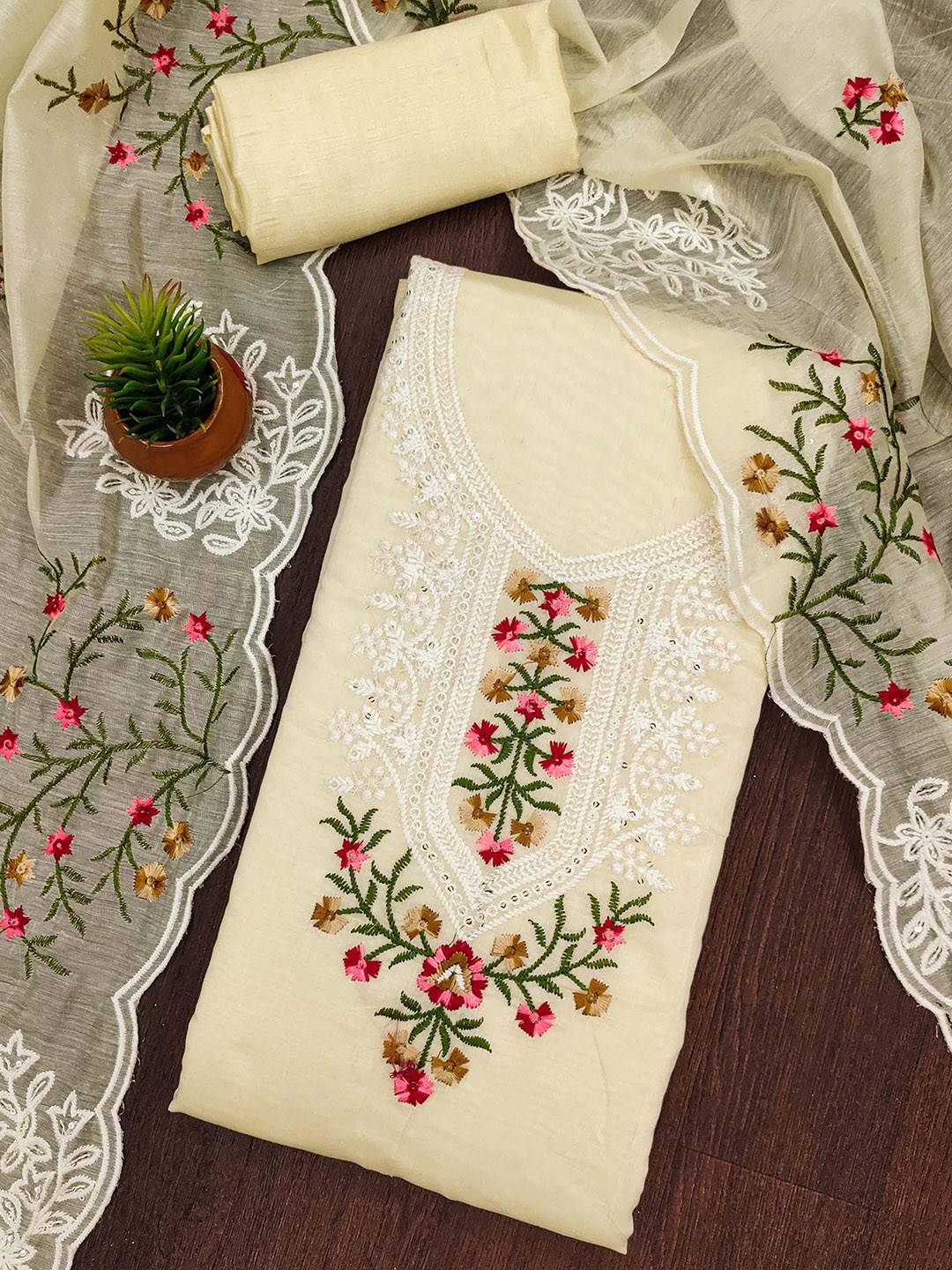 

SAINOOR Floral Embroidered Chanderi Cotton Semi-Stitched Dress Material, White