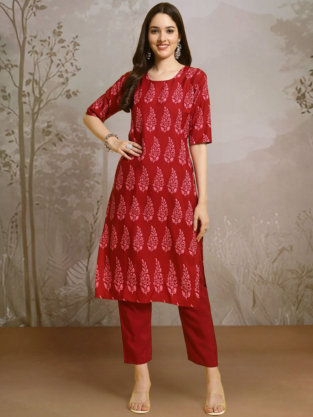 

Moda Rapido Ethnic Motifs Printed Straight Kurta with Trouser, Red