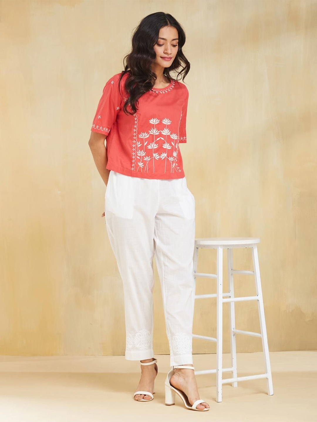 

Fabindia Floral Embroidered Cotton Top, Red