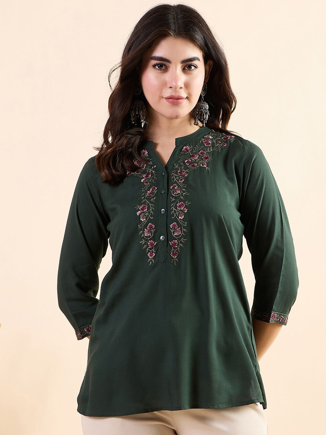 

Anouk Embroidered Mandarin Collar Top, Green
