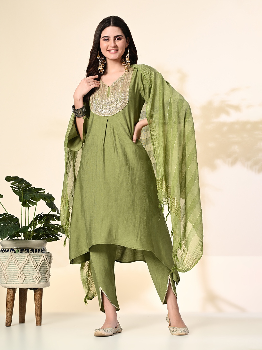 

KALINI Women Floral Embroidered Regular Kurta with Dhoti Pants & With Dupatta, Green