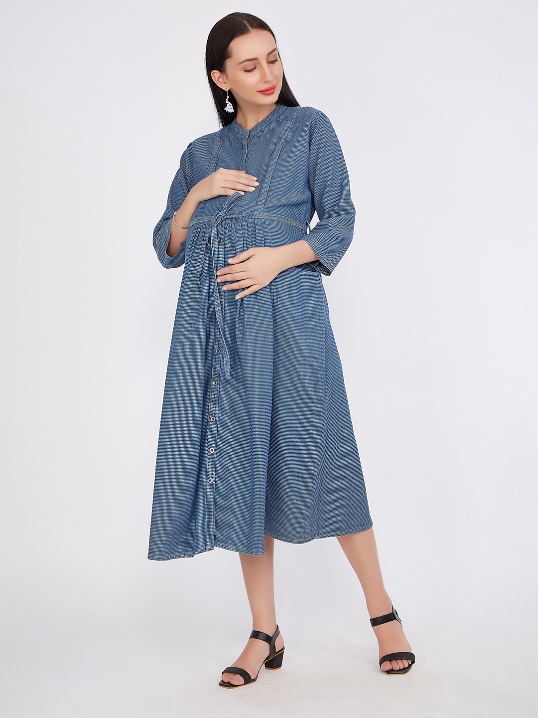 

CEFALU Print Denim Maternity A-Line Midi Dress, Blue