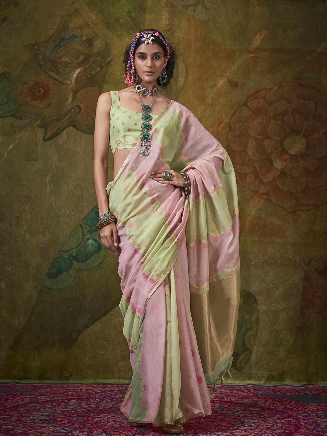 

elora Woven Design Zari Silk Blend Banarasi Saree, Green