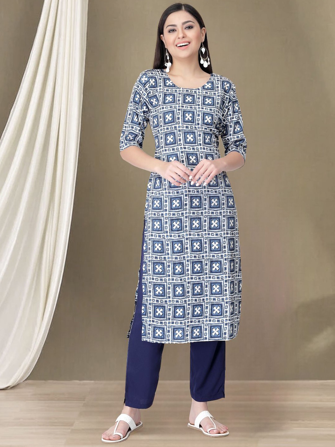

Moda Rapido Geometric Printed Straight Kurta with Trousers, Blue