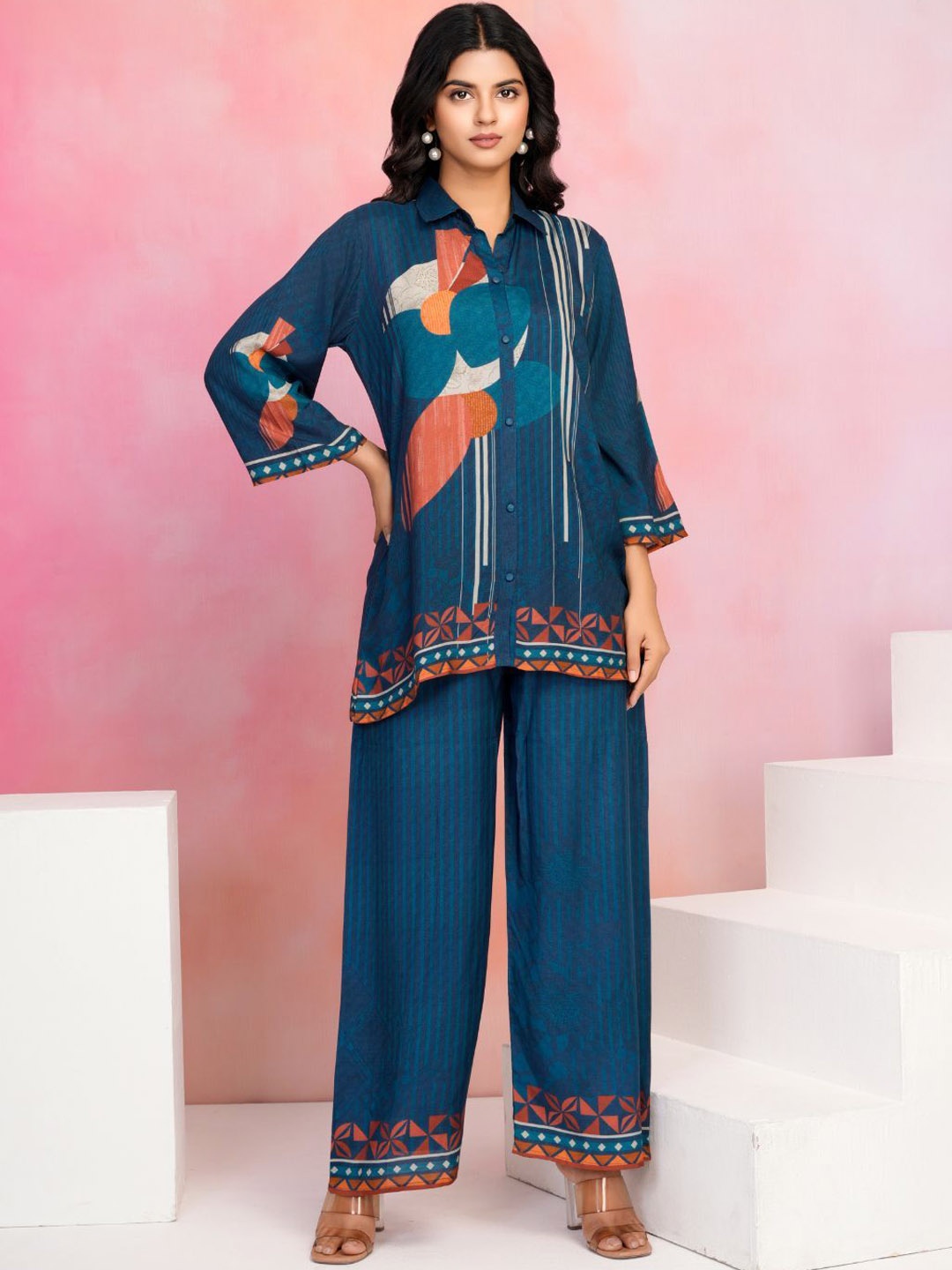 

Kaftanize Navy Elegance Tunic & Trousers Co-Ord Set, Navy blue