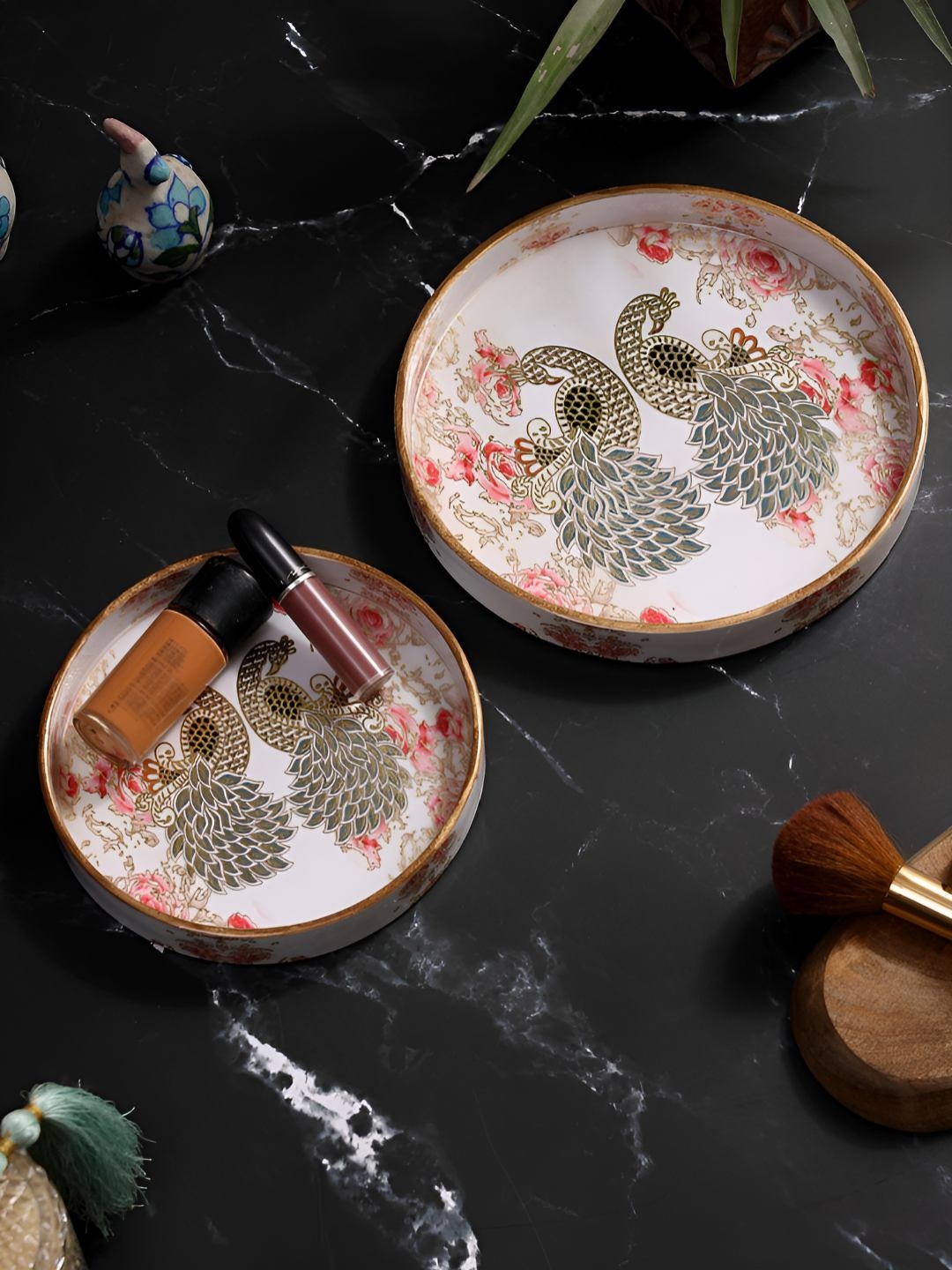 

DULI Pink Wood 2 Pieces Printed Round Easy to Clean Serving Tray