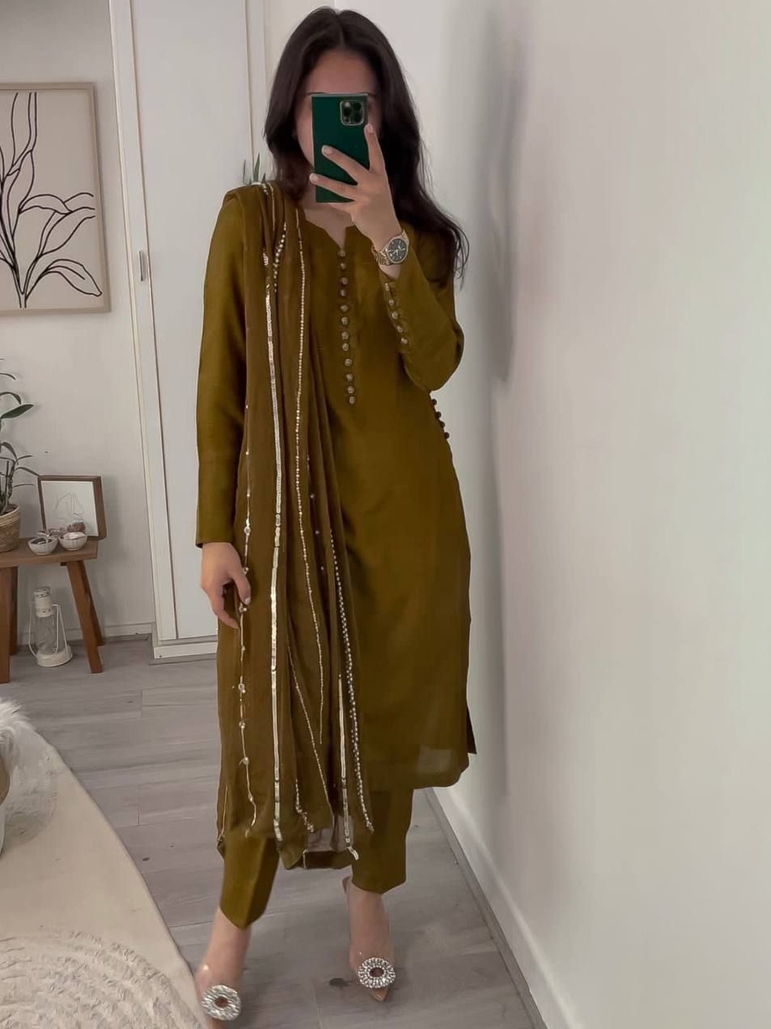 

Bought First Notch Neck Kurta With Trousers & Dupatta, Green