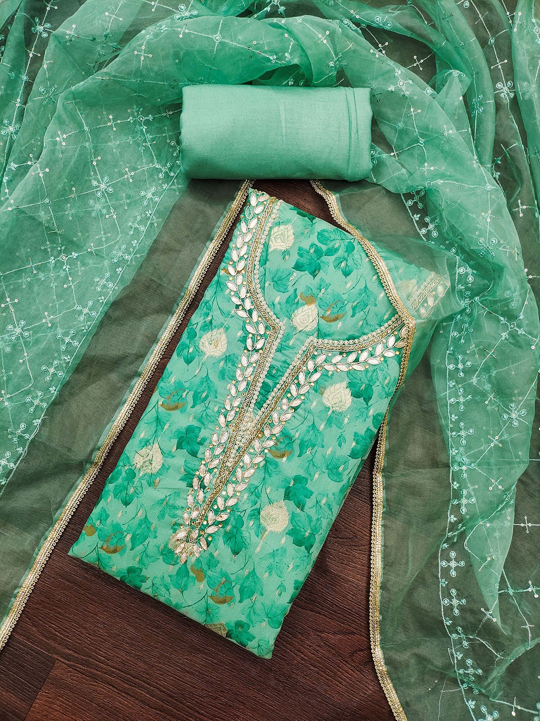 

SAINOOR Floral Printed Organza Unstitched Dress Material, Sea green