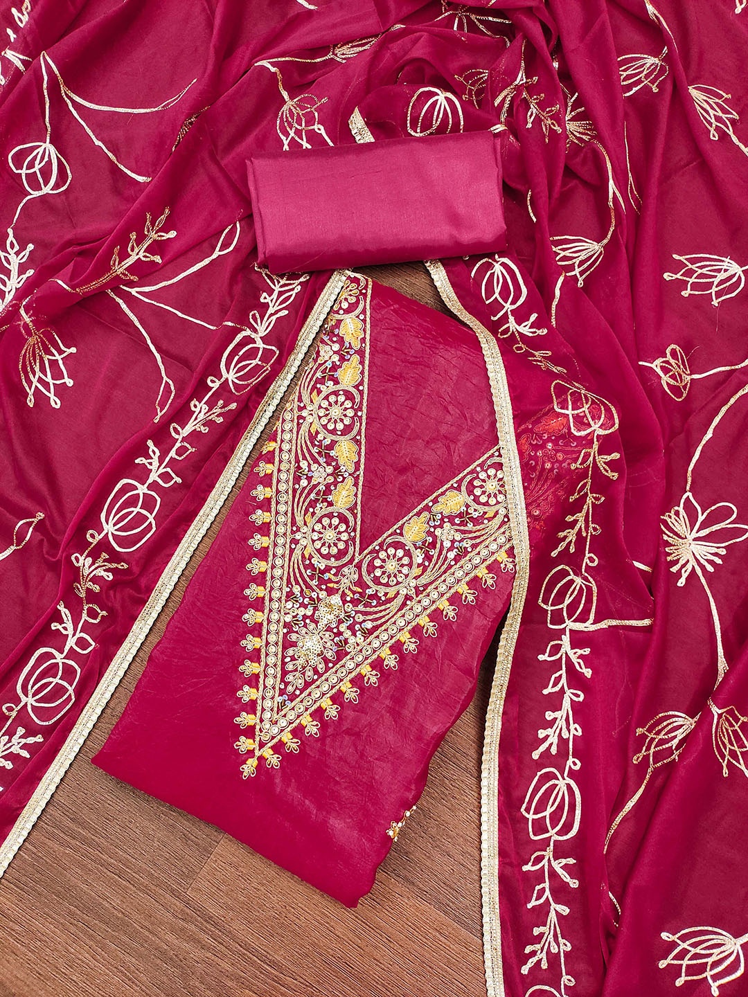 

MANVAA Embellished Unstitched Dress Material, Pink