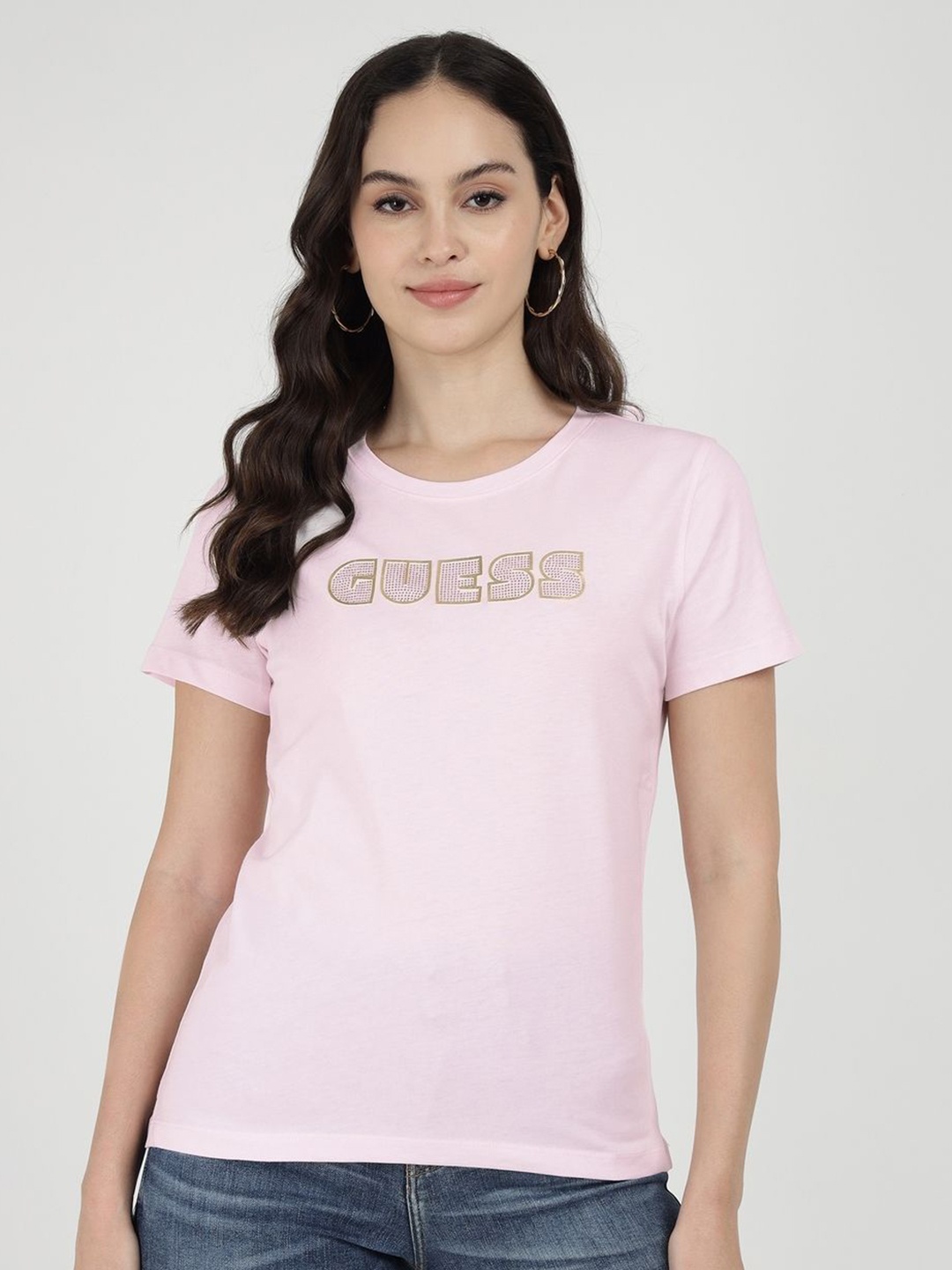 

GUESS Women Typography Printed Round Neck Cotton T-shirt, Pink