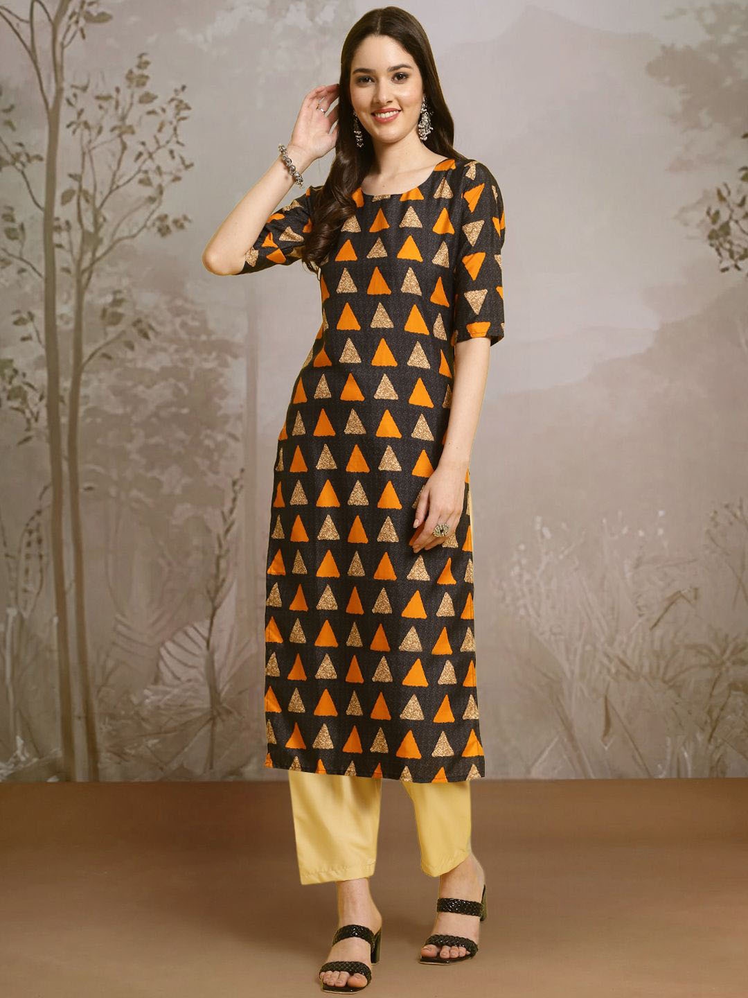 

Moda Rapido Geometric Printed Round Neck Straight Kurta With Trouser, Black