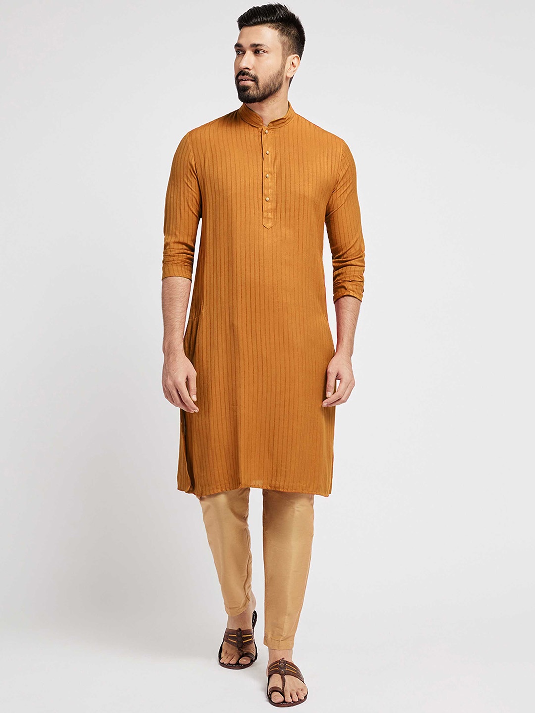 

Ethnic India Striped Thread Work Mandarin Collar Straight Kurta, Mustard