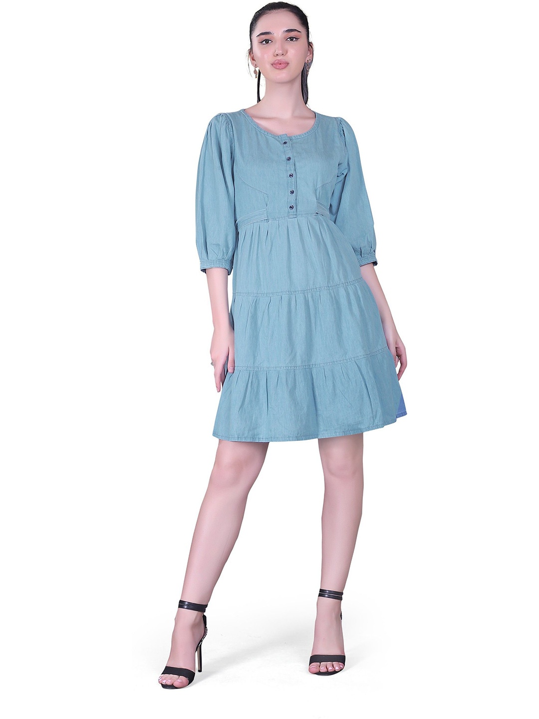 

CEFALU Puff Sleeve Denim Fit & Flare Dress, Blue