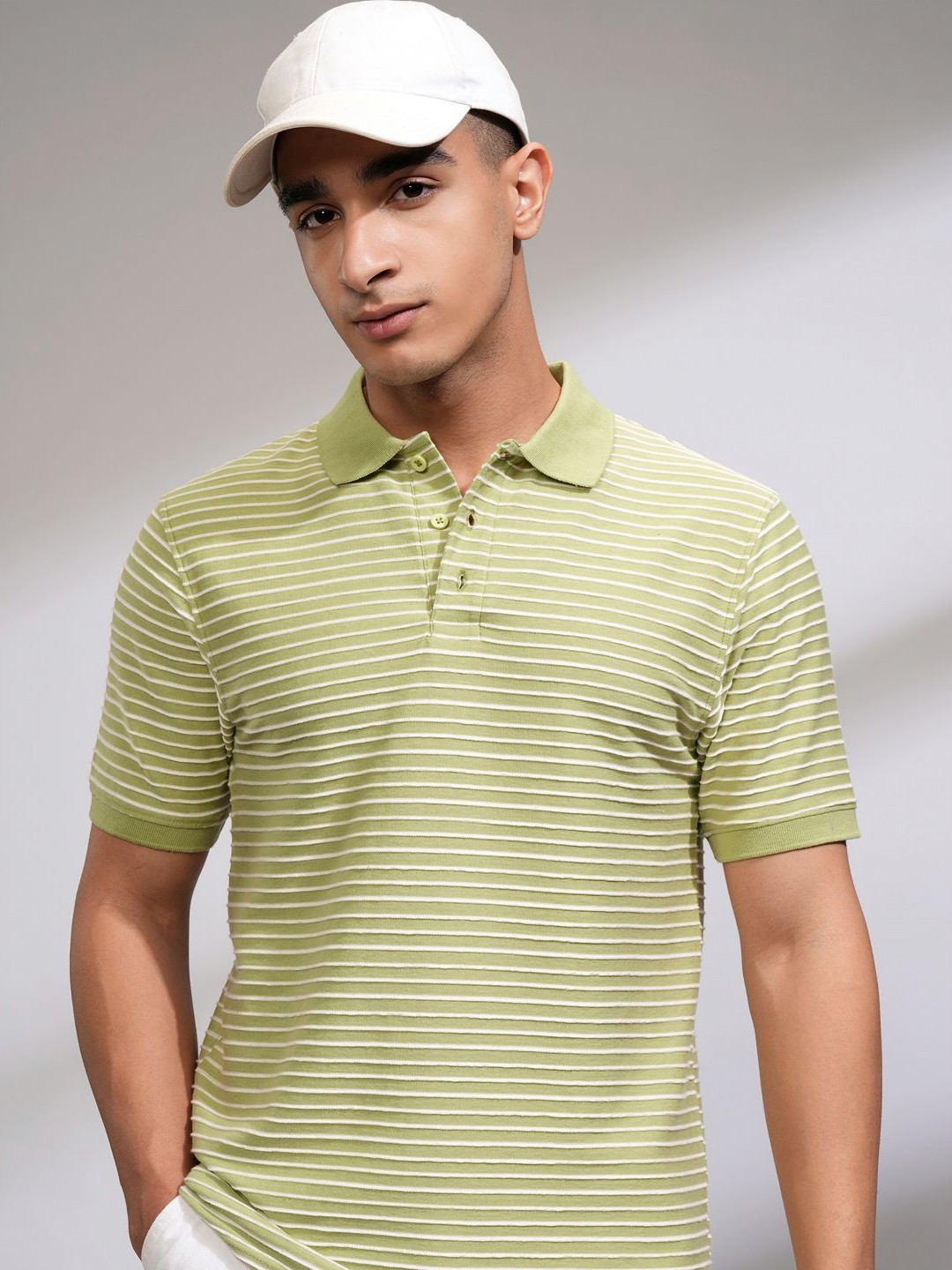 

HIGHLANDER Men Striped Polo Collar Drop-Shoulder Sleeves Slim Fit T-shirt, Green