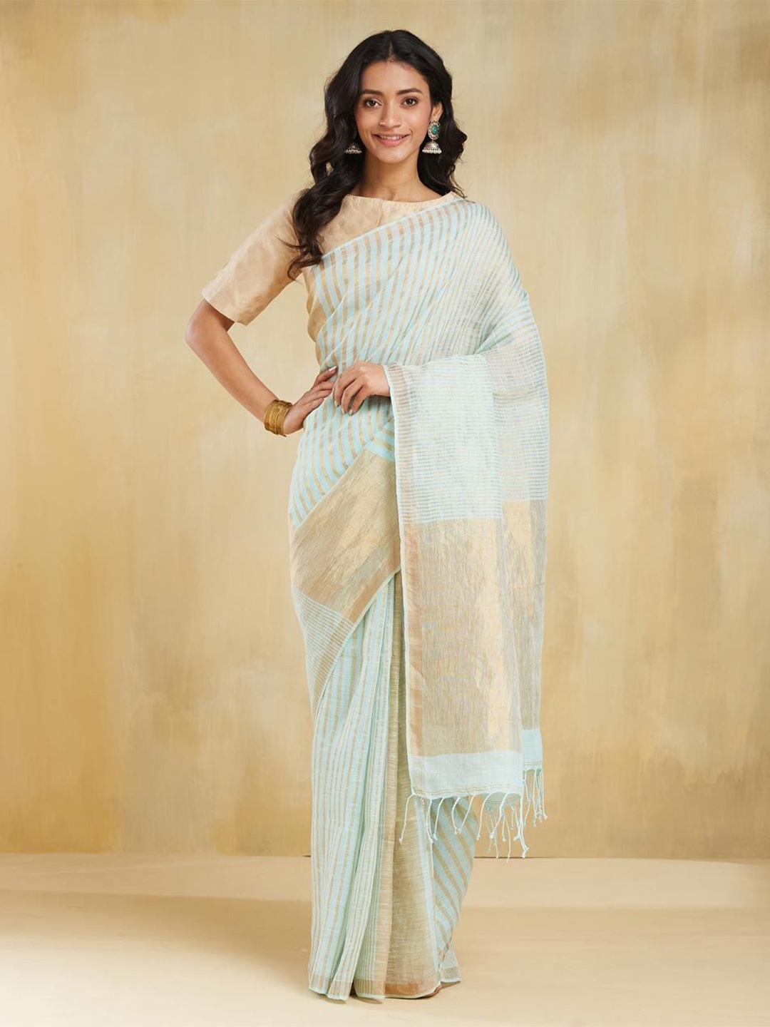 

Fabindia Woven Design Pure Linen Saree, Turquoise blue