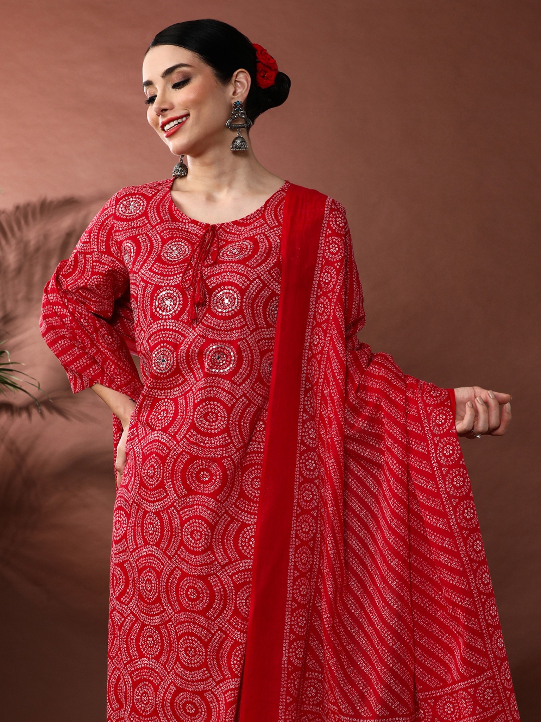 

Anouk Bandhani Printed Sequinned Pure Cotton Kurta With Trousers And Dupatta, Red